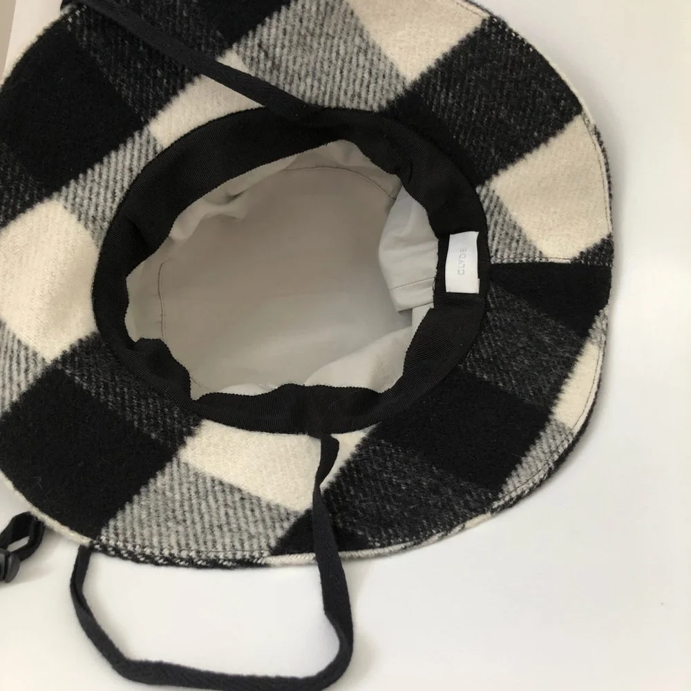 CLYDE Wool Check Hat - Black White Plaid Wide Brim + Chin Strap - Picture 4 of 5